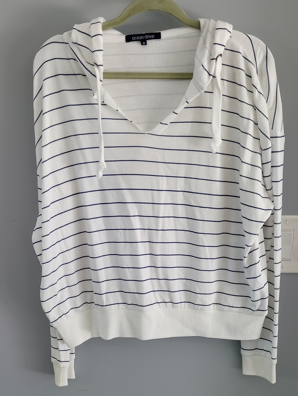 Ocean Drive White Hoodie with Navy Horizontal Stripes